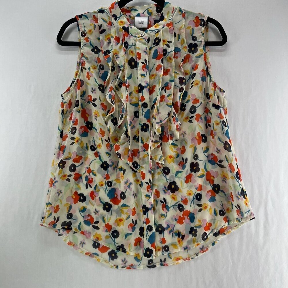 Cabi Tux Ruffle Top Womens S Sleeveless Chiffon Button Up Floral Multicolor 6108